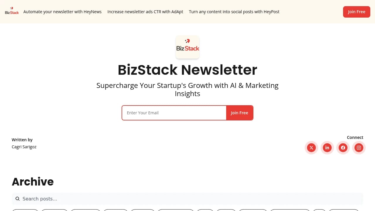 Screenshot of BizStack Newsletter website
