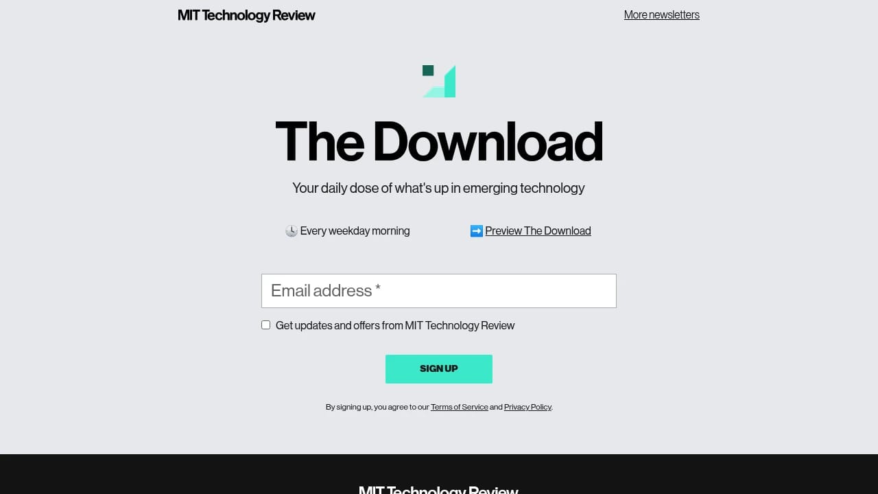 Screenshot of  MIT Technology Review's The Download website