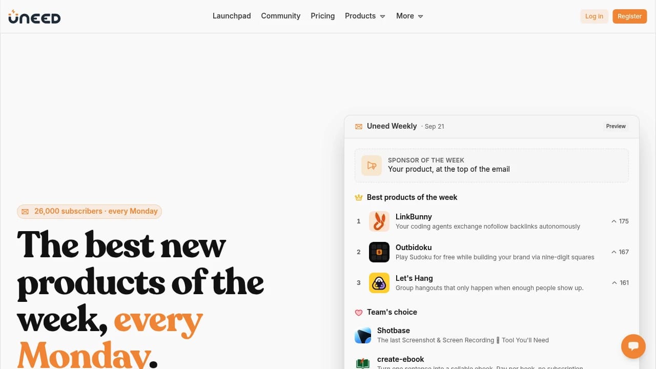 Screenshot of Uneed Weekly Newsletter website