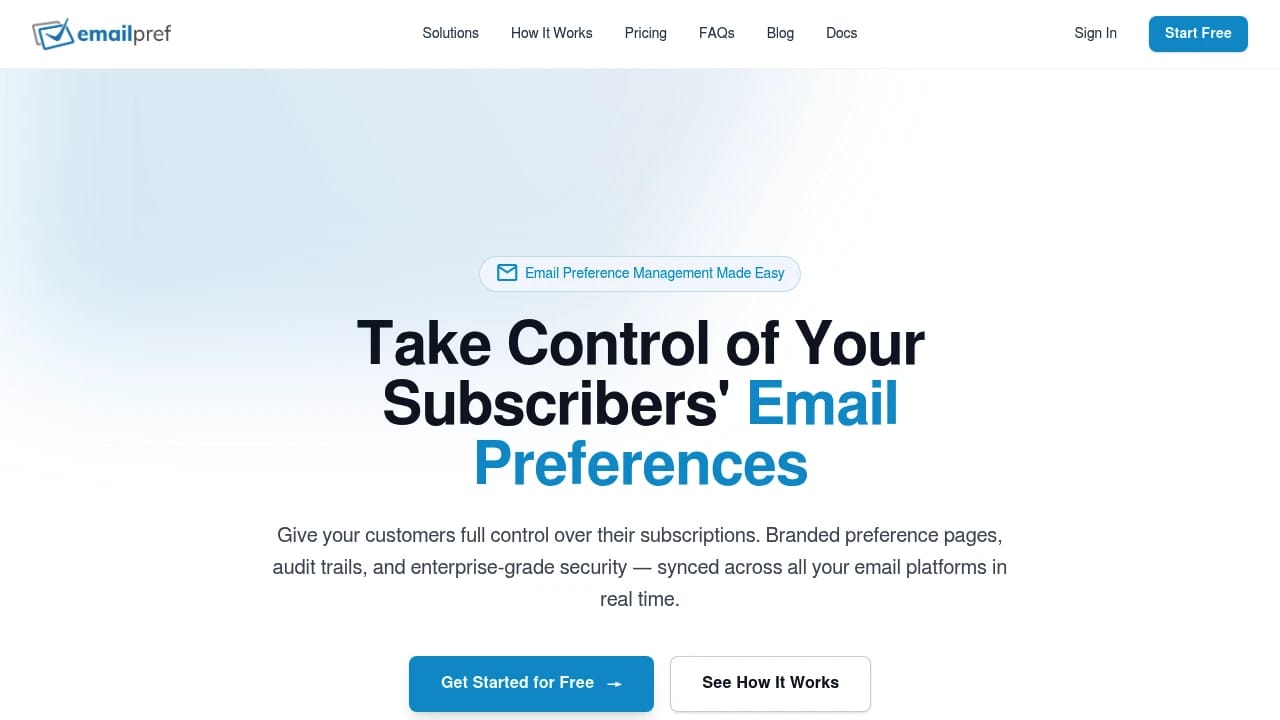 Screenshot of Emailpref website