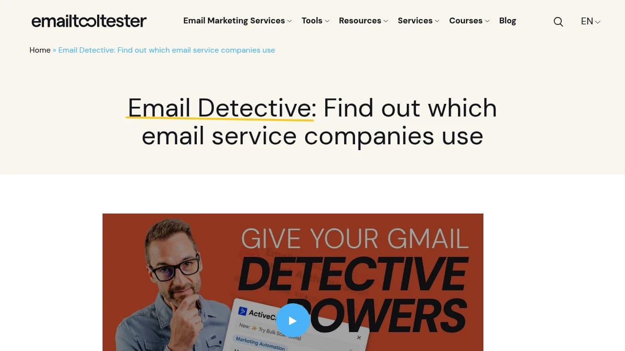 Screenshot of Email Detective website