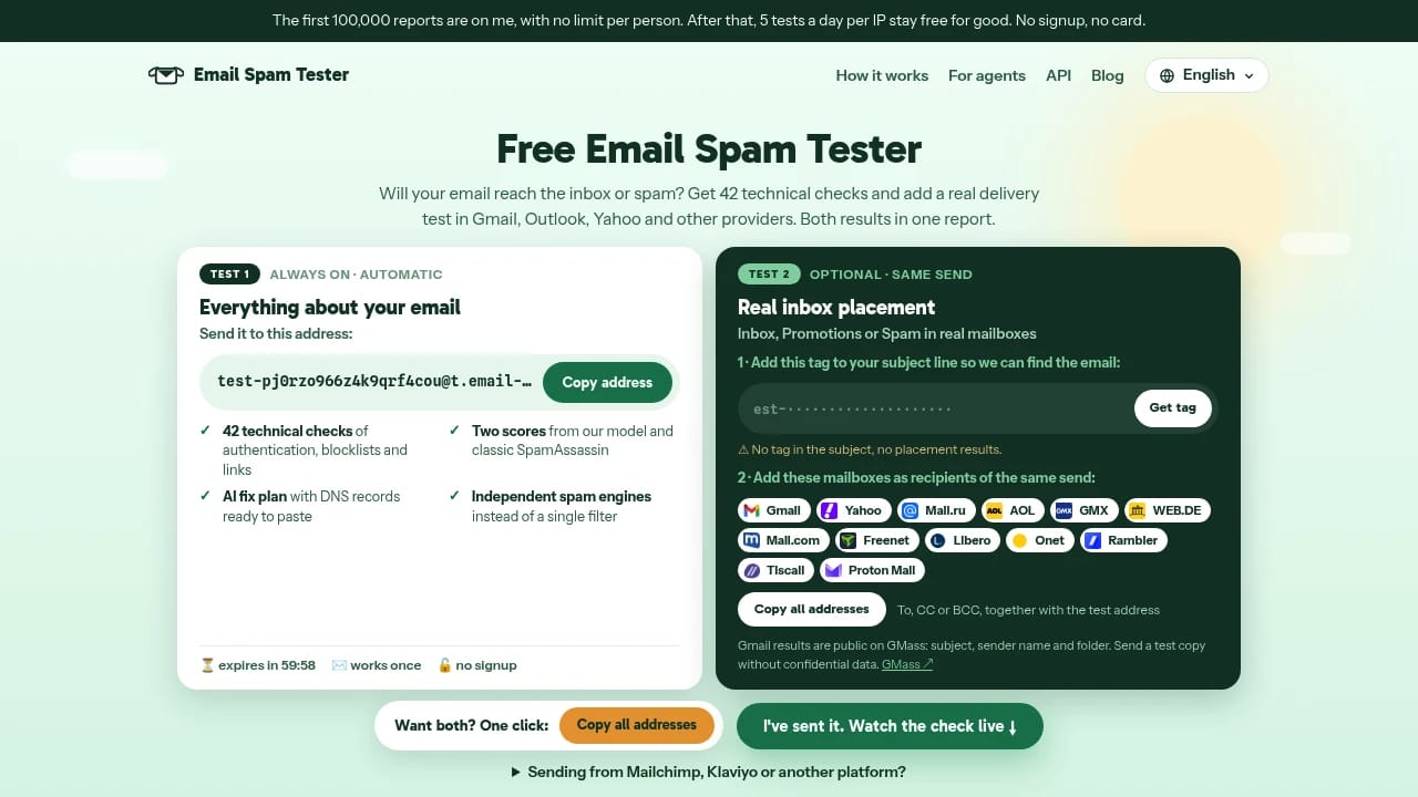Screenshot of Email Spam Tester website