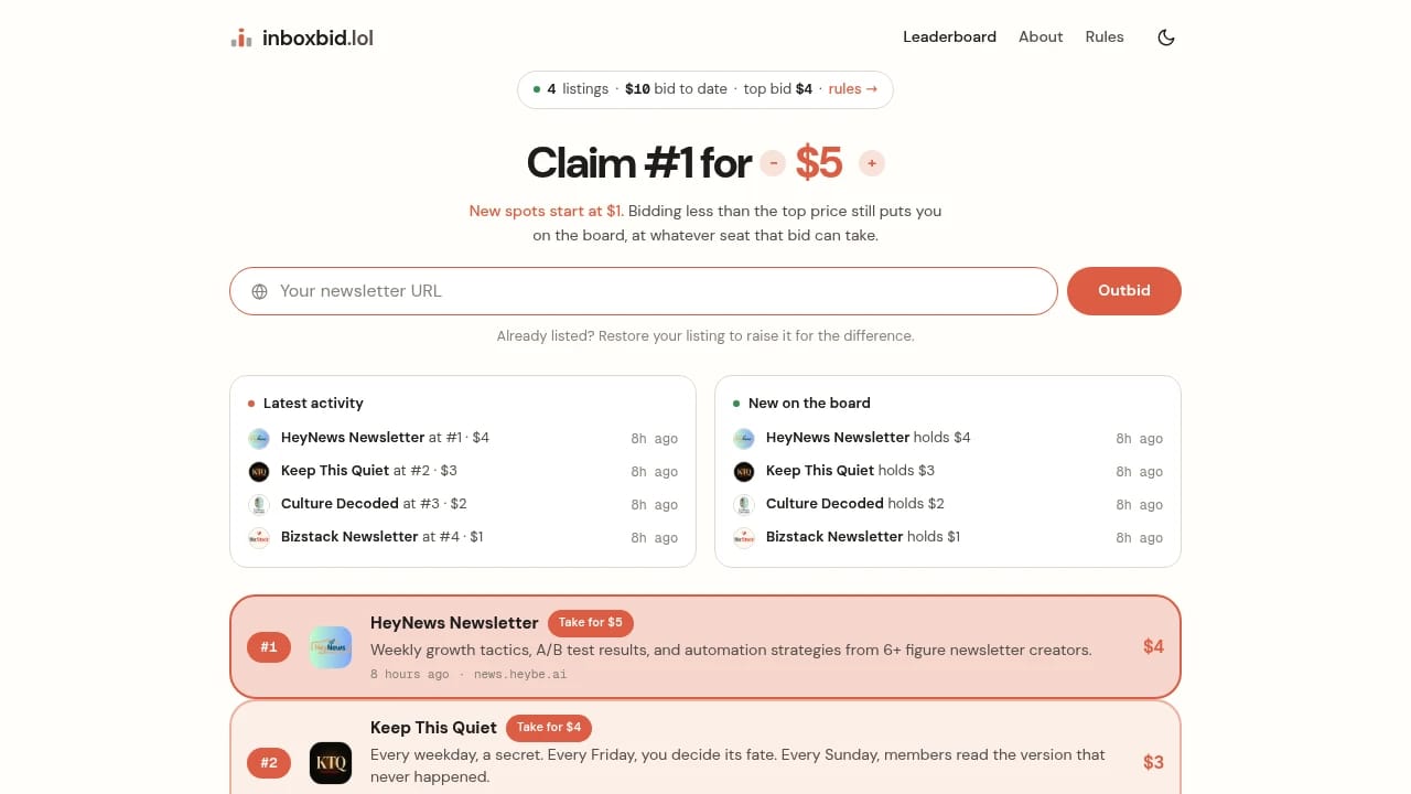 Screenshot of inboxbid website