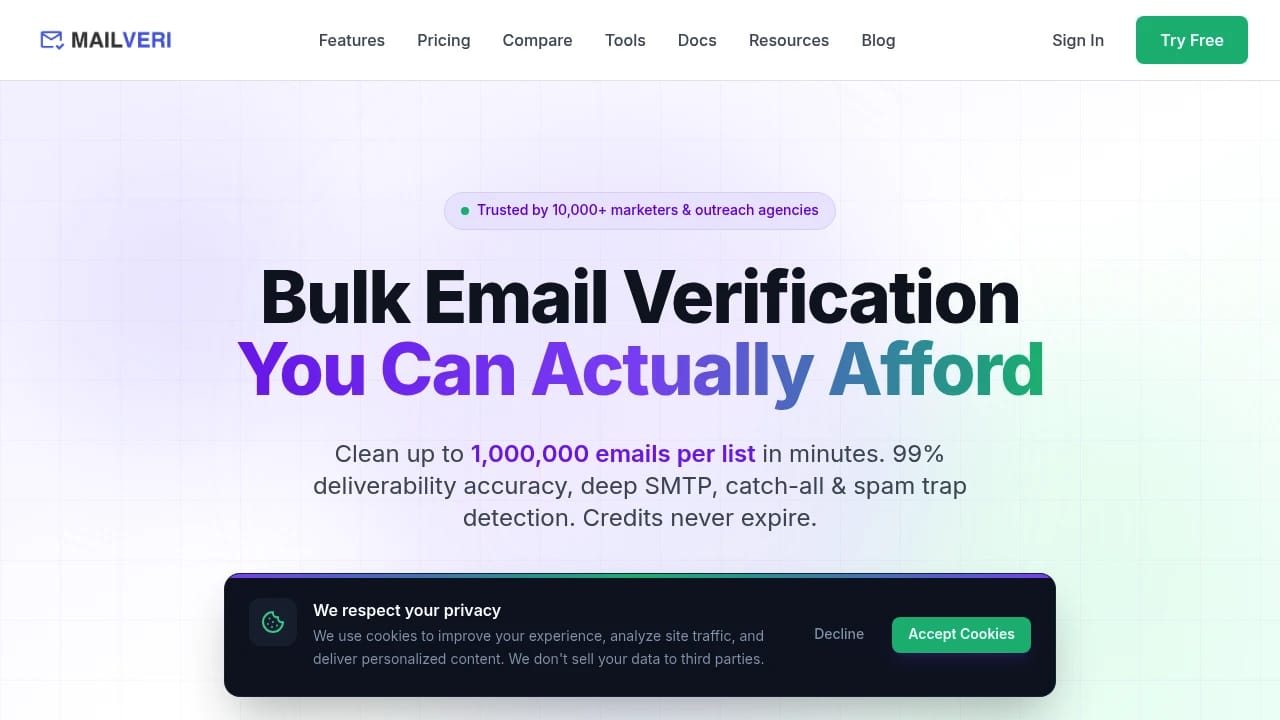 Screenshot of MailVeri website