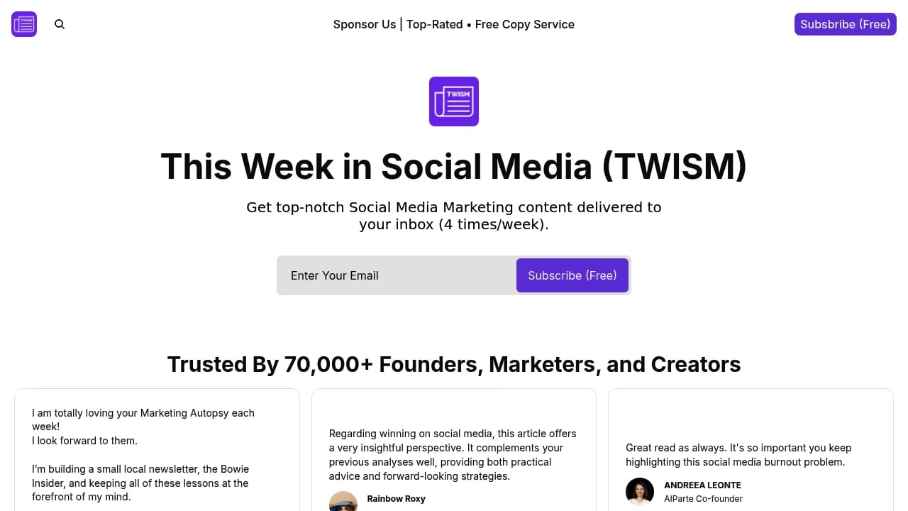 Screenshot of This Week in Socia Media (TWISM) website