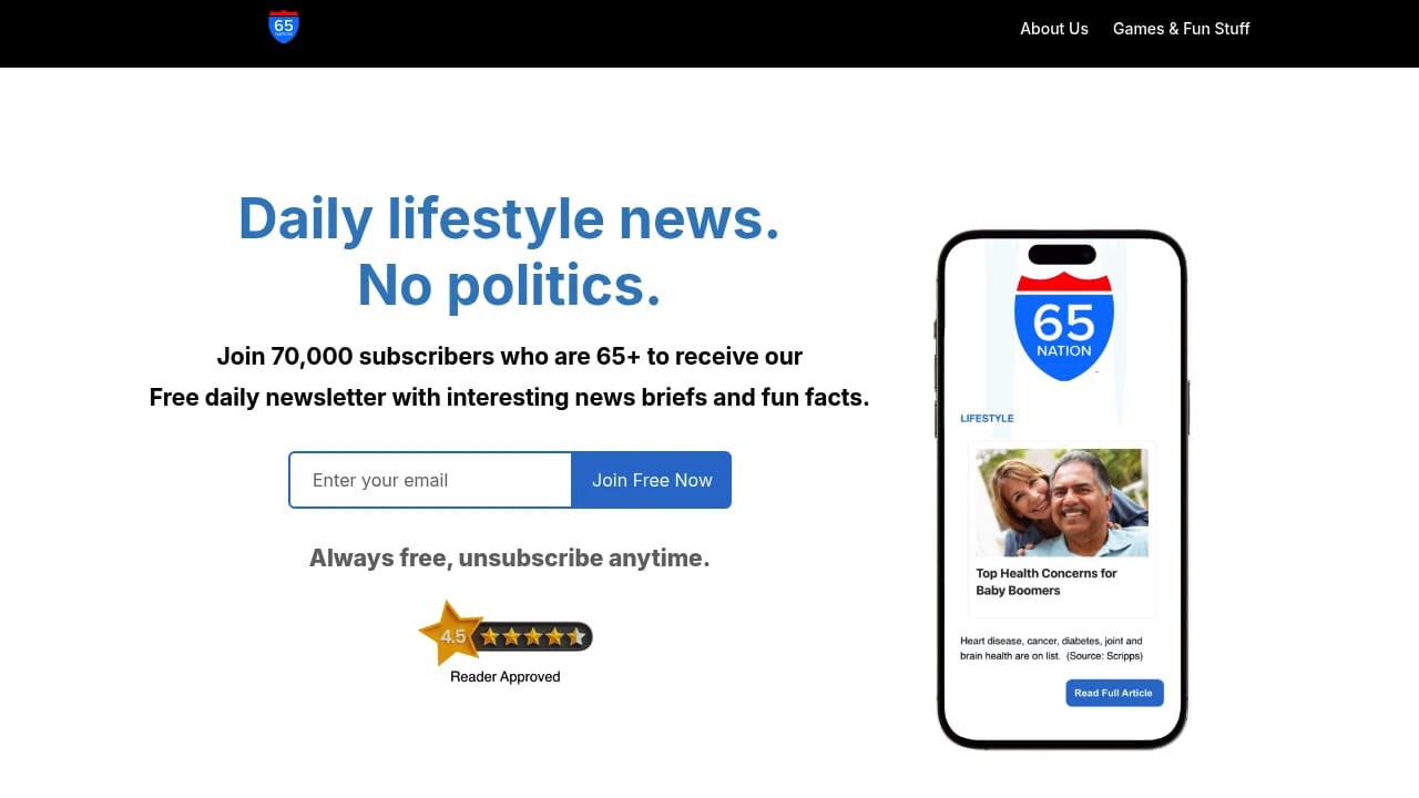 Screenshot of 65Nation website