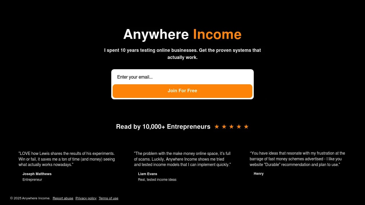 Screenshot of Anywhere Income website