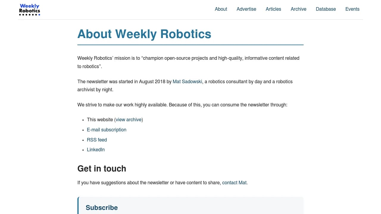 Screenshot of Weekly Robotics website