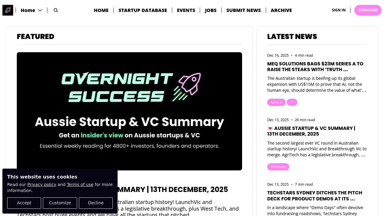 Screenshot of Overnight Success website