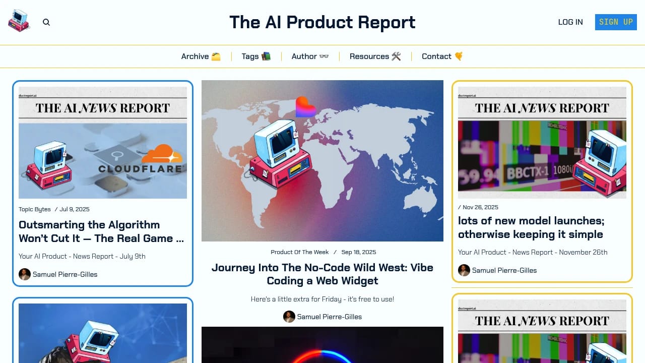 Screenshot of The AI Product Report website
