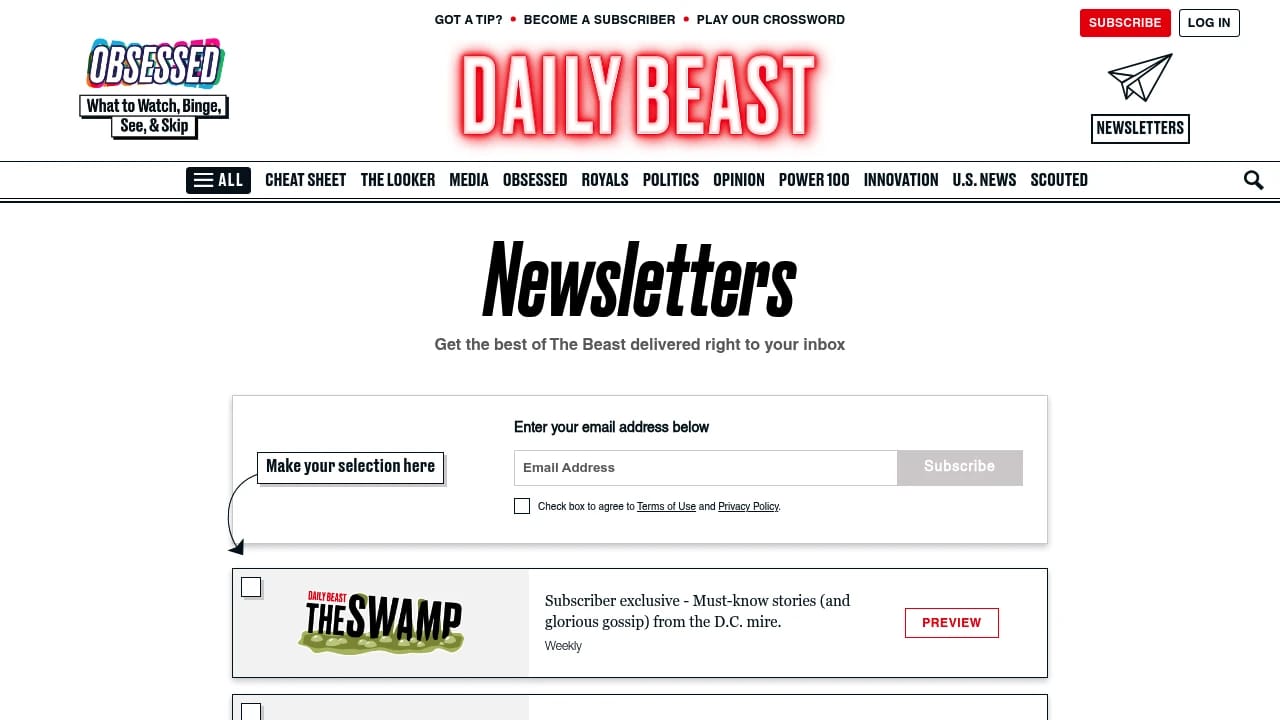 Screenshot of The Daily Beast Cheat Sheet website