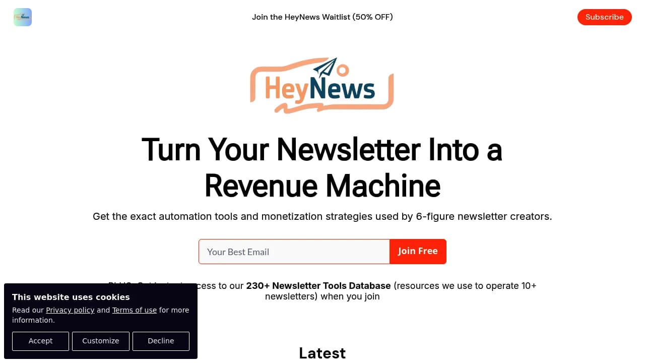 Screenshot of HeyNews Newsletter website