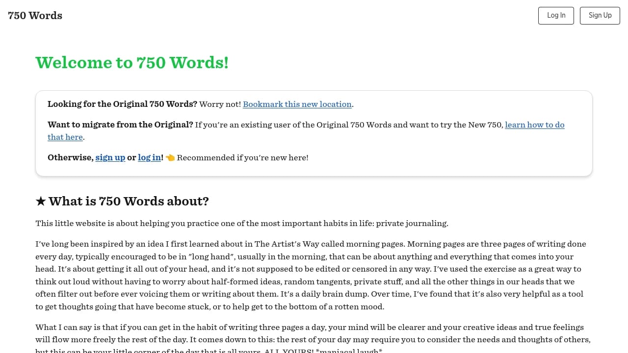 Screenshot of 750 Words website