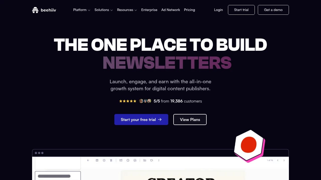 Screenshot of Beehiiv website