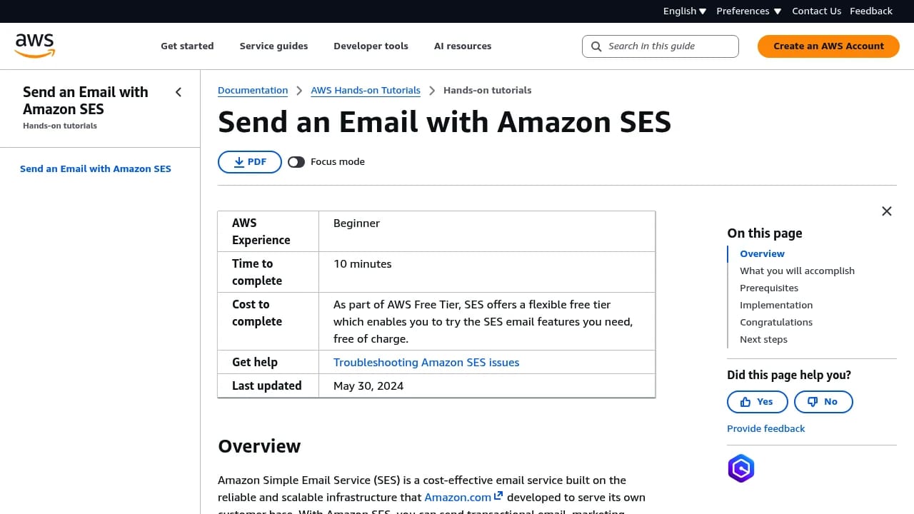 Screenshot of Amazon SES website