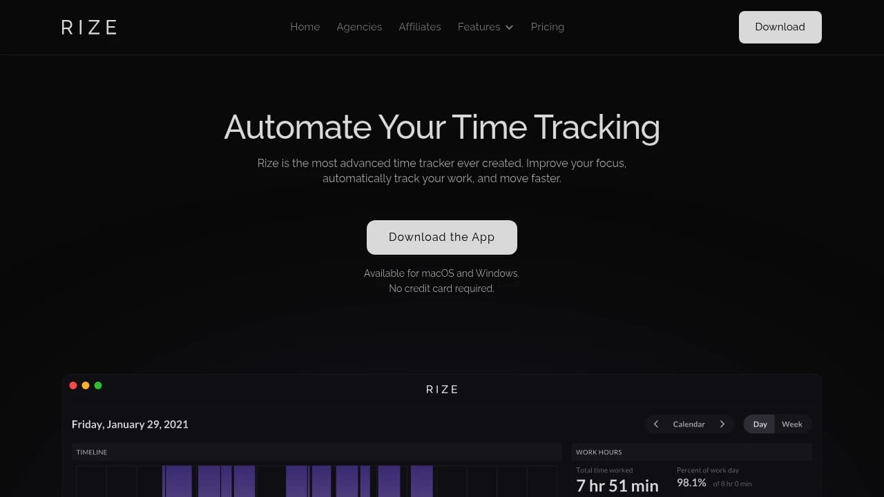 Screenshot of Rize.io website