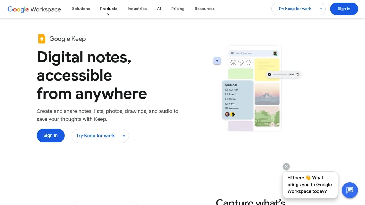 Screenshot of Google Keep website