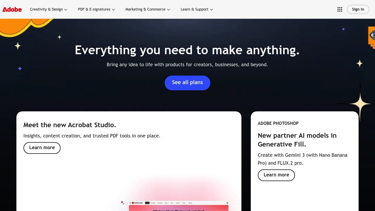 Screenshot of Adobe website