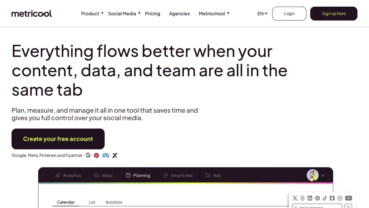 Screenshot of Metricool website