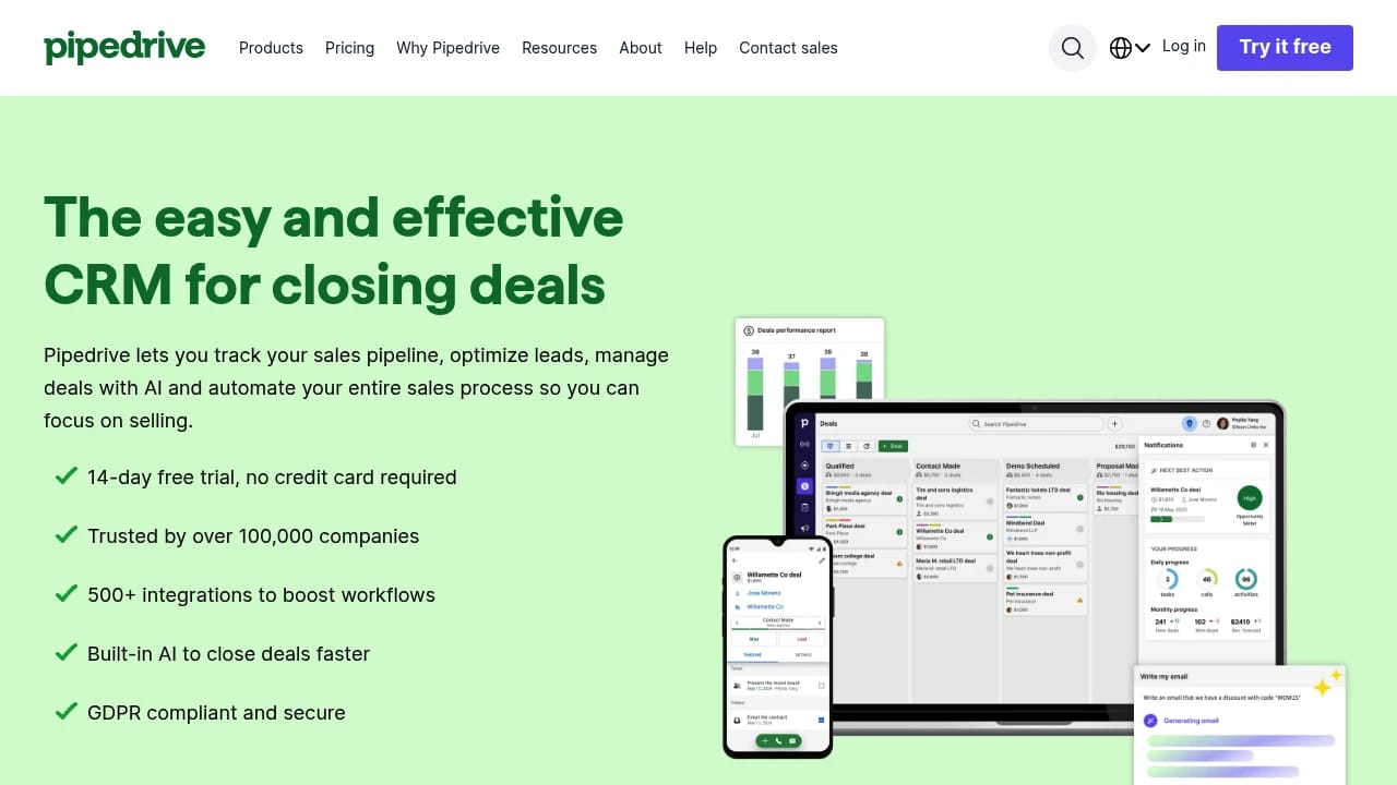 Screenshot of Pipedrive website
