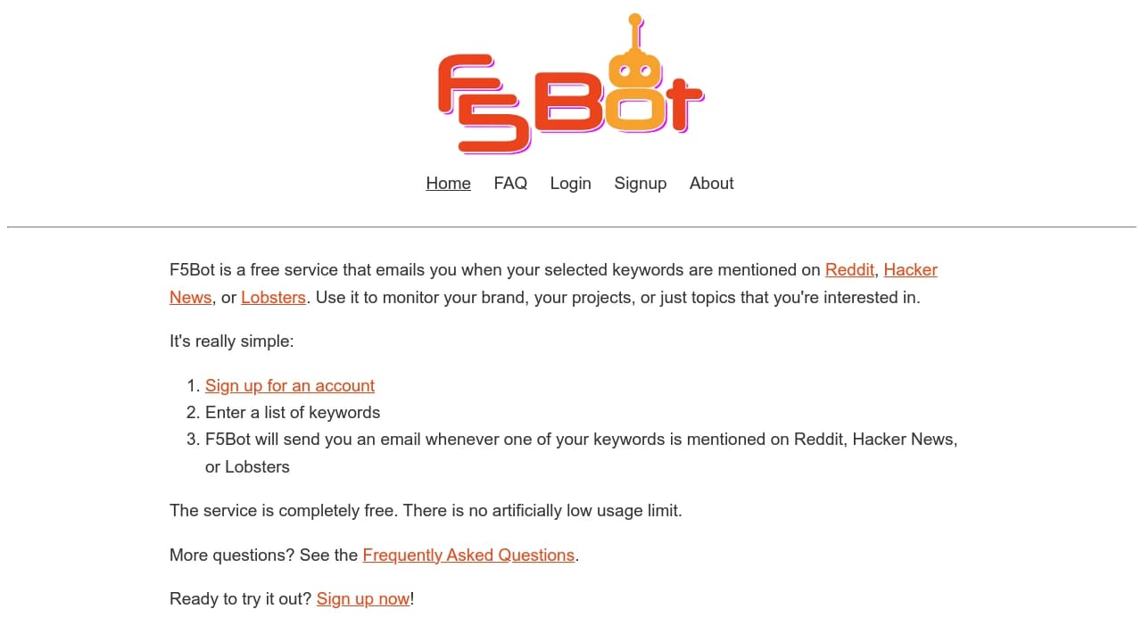 Screenshot of F5Bot website