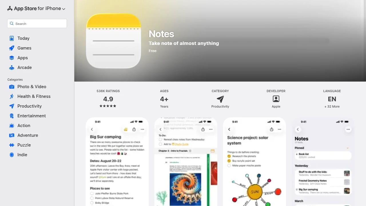 Screenshot of Apple Notes website