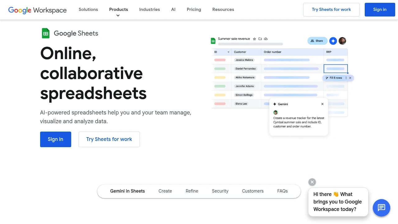 Screenshot of Google Sheets website