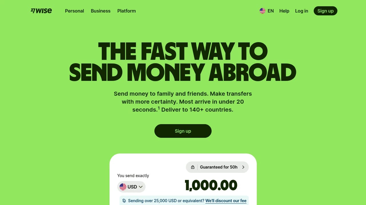 Screenshot of Wise website