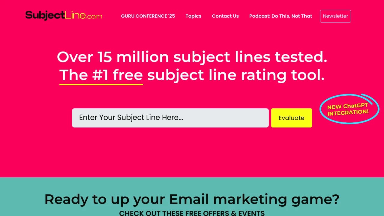 Screenshot of SubjectLine.com website