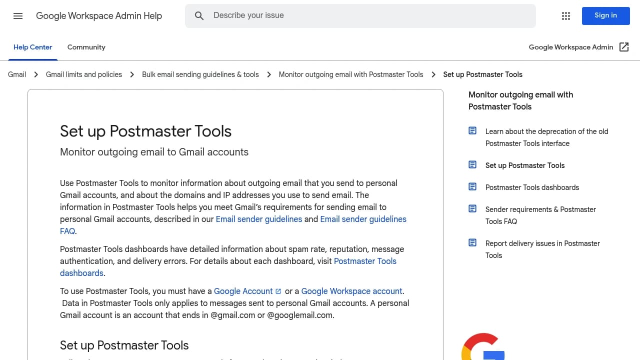 Screenshot of Google Postmaster website