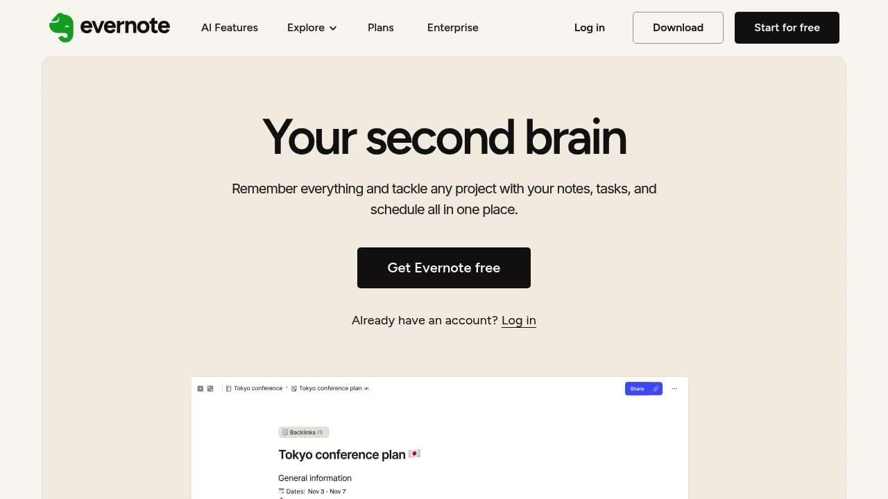 Screenshot of Evernote website