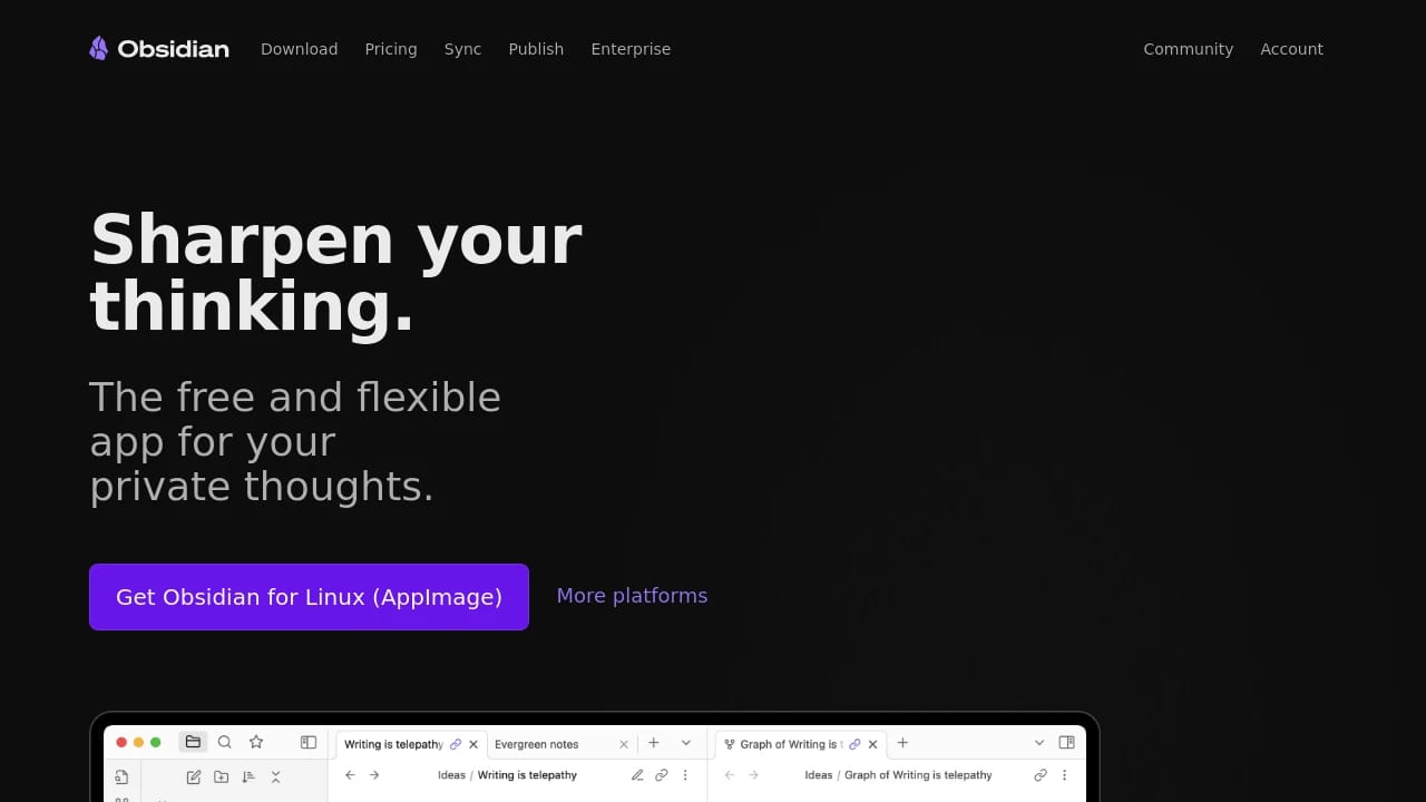 Screenshot of Obsidian website