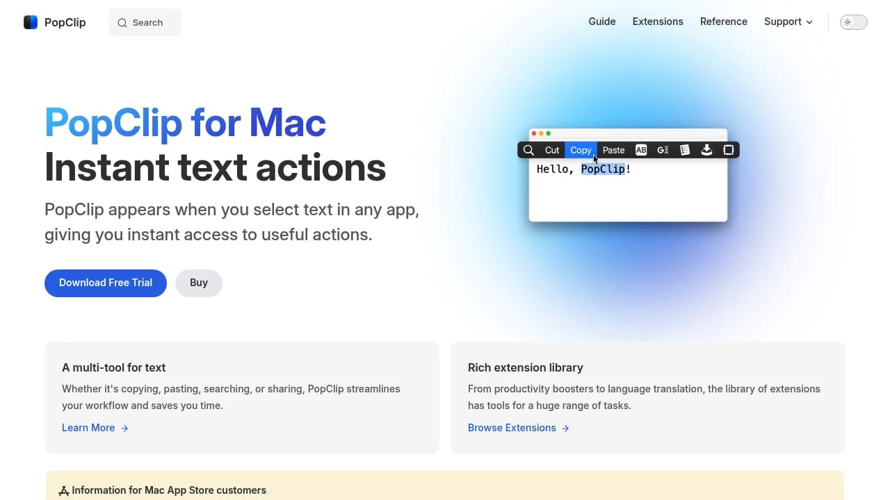 Screenshot of PopClip website