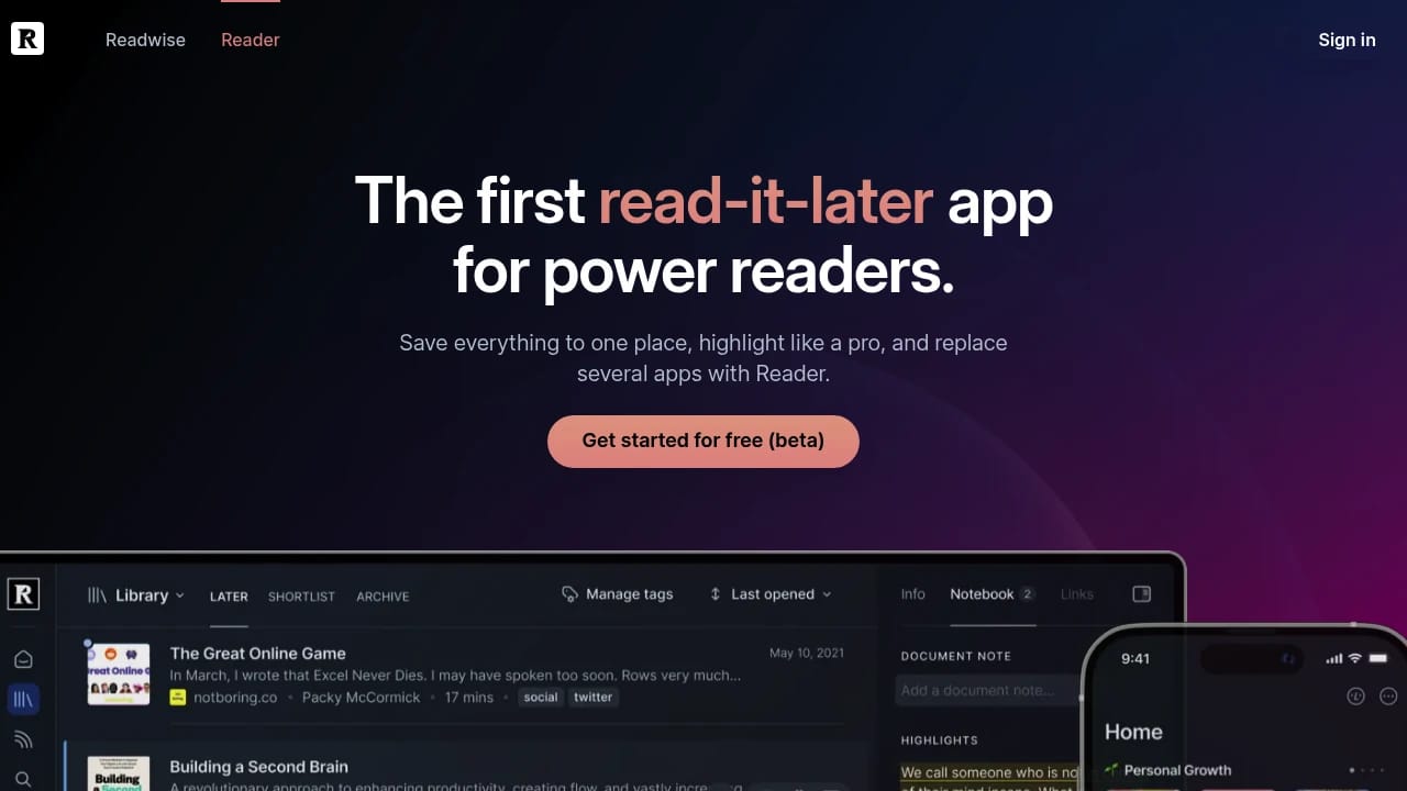 Screenshot of Readwise Reader website