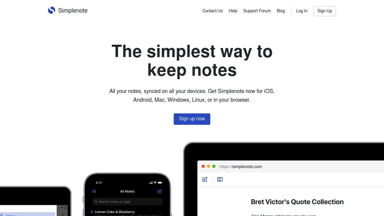 Screenshot of Simplenote website