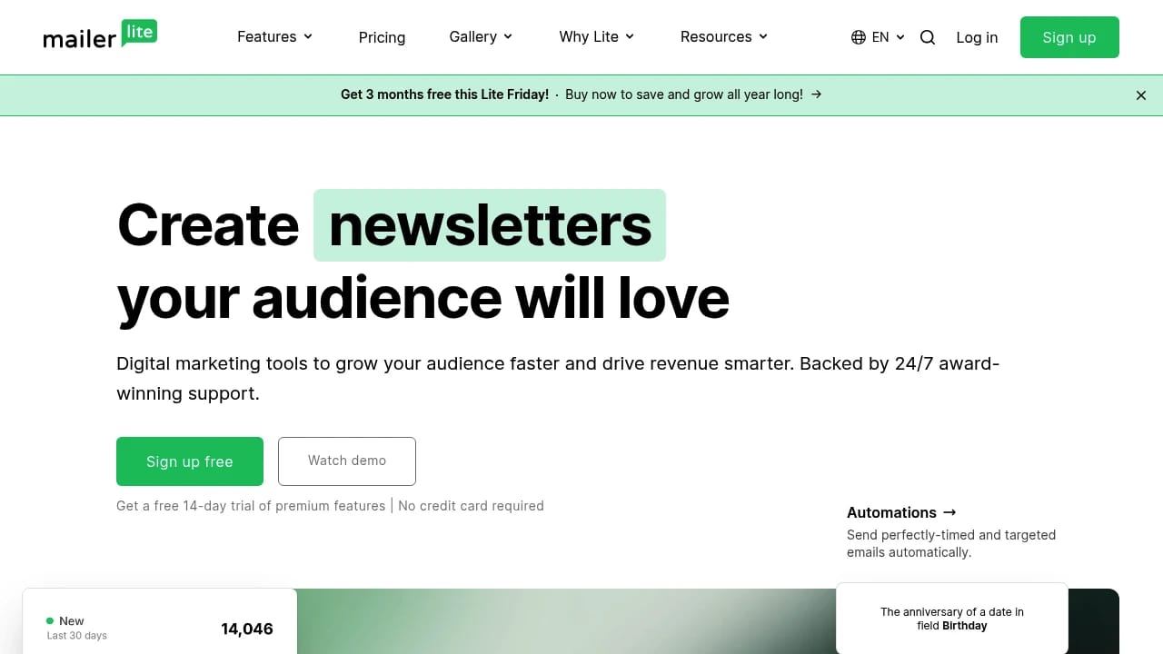 Screenshot of MailerLite website