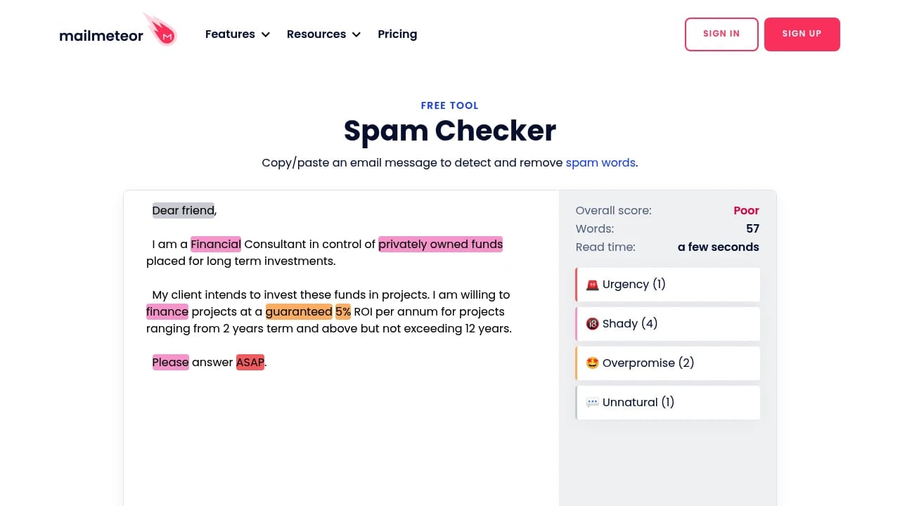 Screenshot of Mailmeteor Spam Checker website