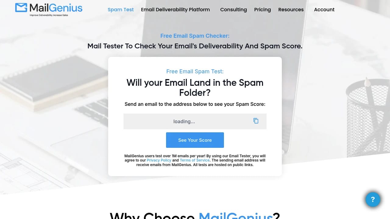Screenshot of MailGeneous Spam Score Tester website