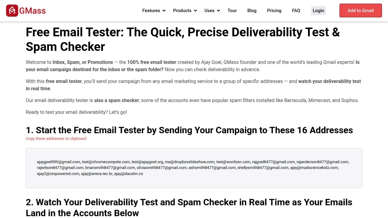Screenshot of GMass Deliverability Test website