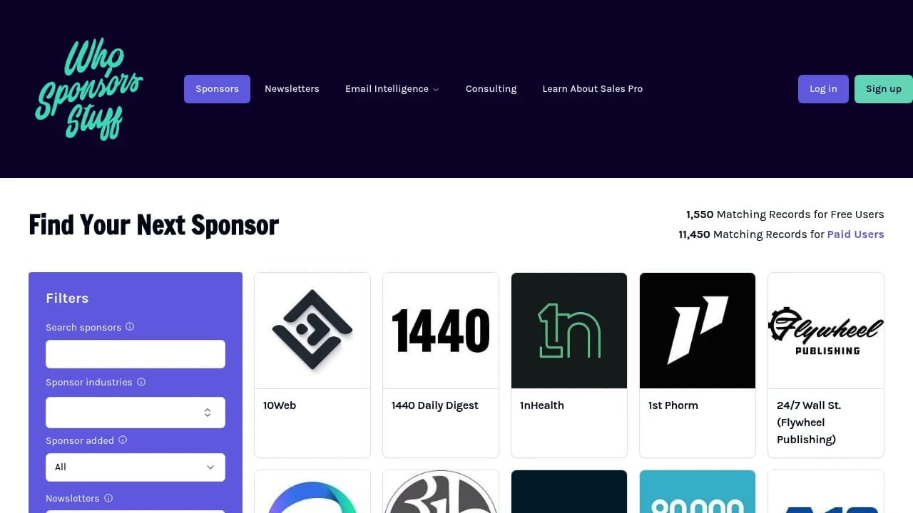 Screenshot of Who Sponsors Stuff website