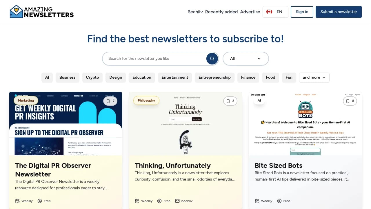 Screenshot of Amazing Newsletters website
