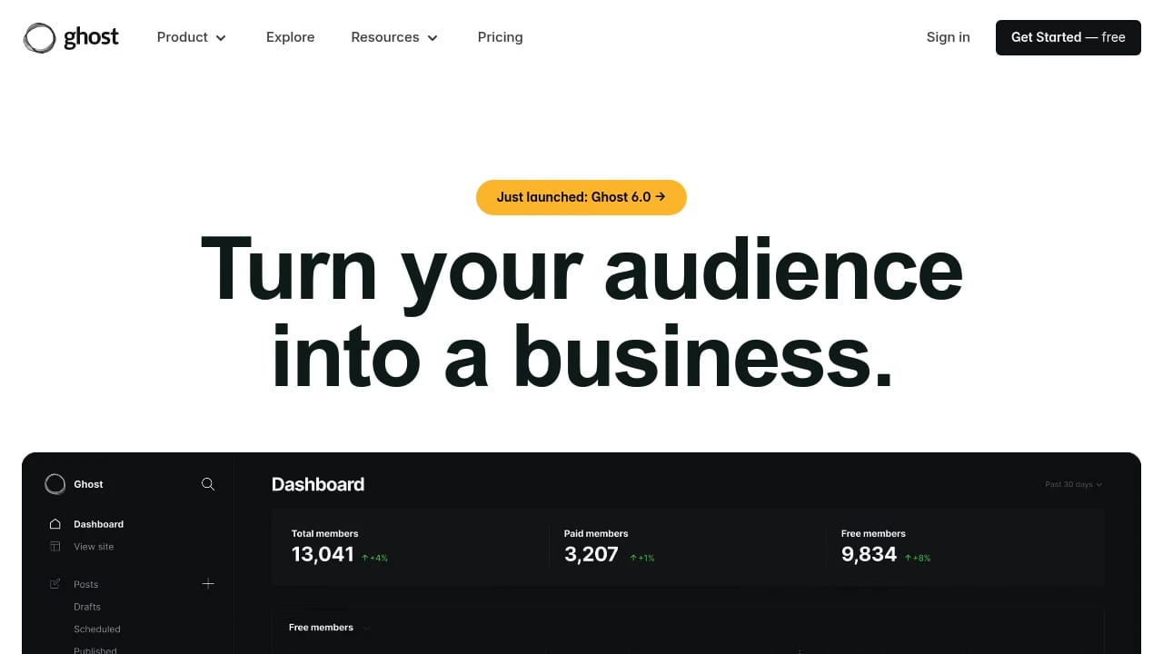 Screenshot of Ghost website