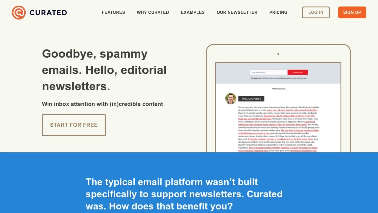 Screenshot of Curated website