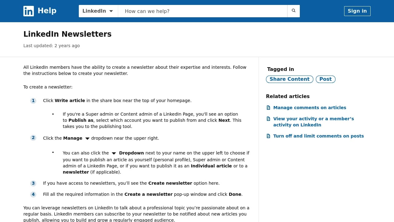 Screenshot of LinkedIn Newsletters website