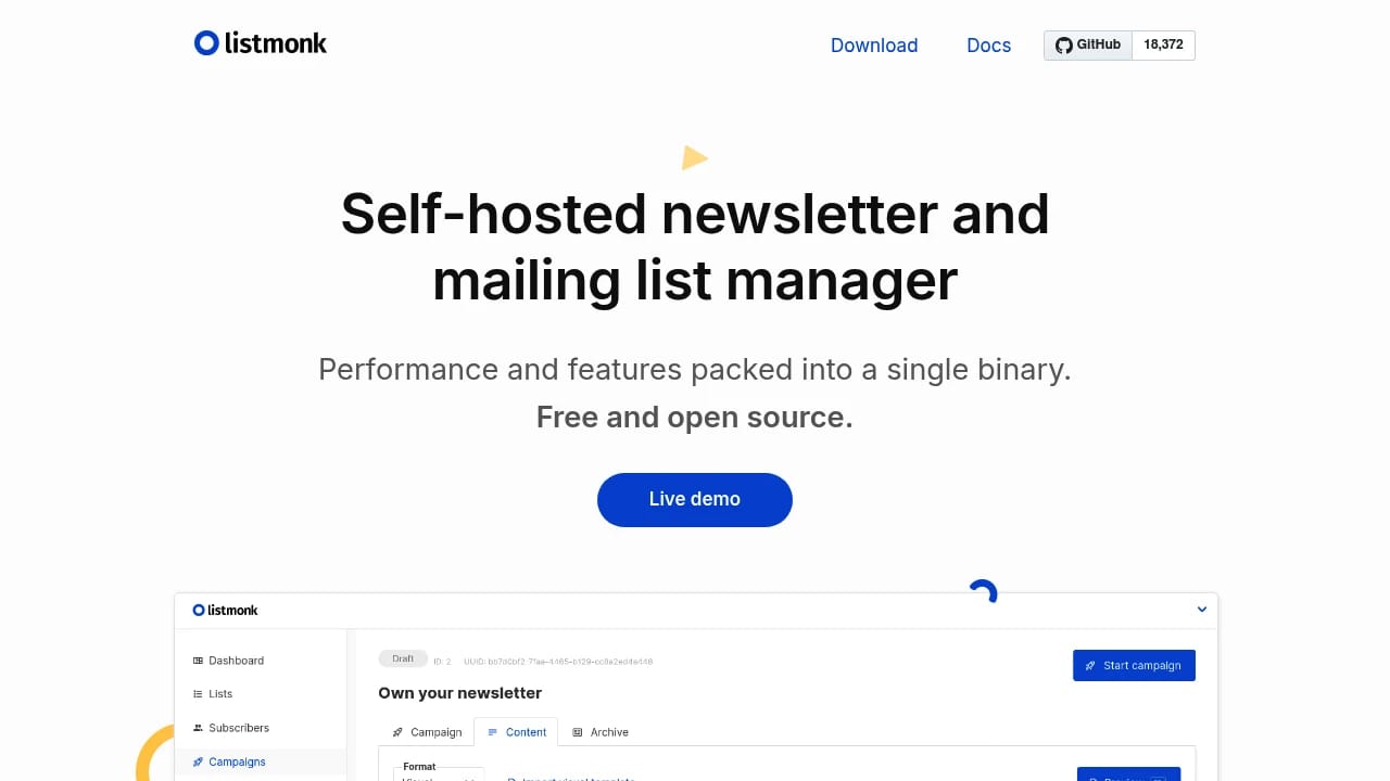 Screenshot of listmonk website