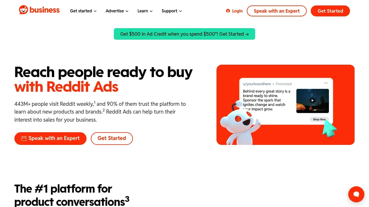 Screenshot of Reddit Ads website