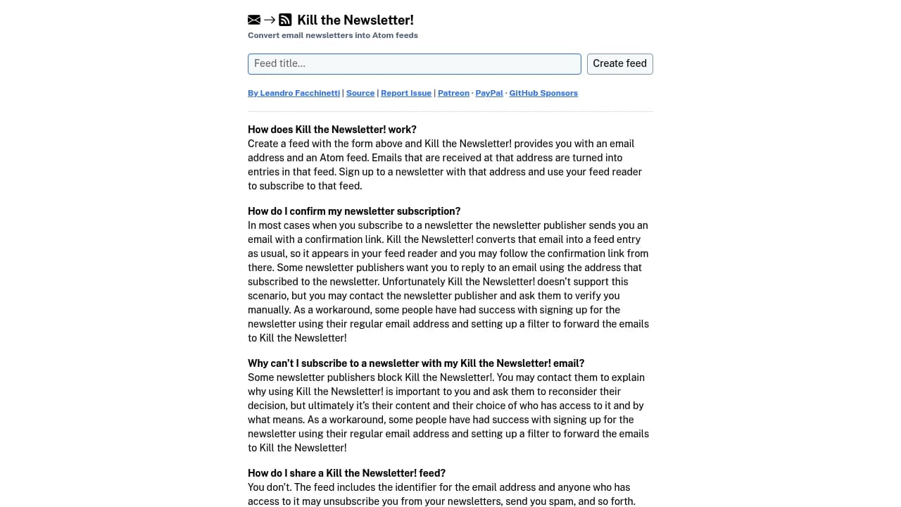 Screenshot of Kill the Newsletter website