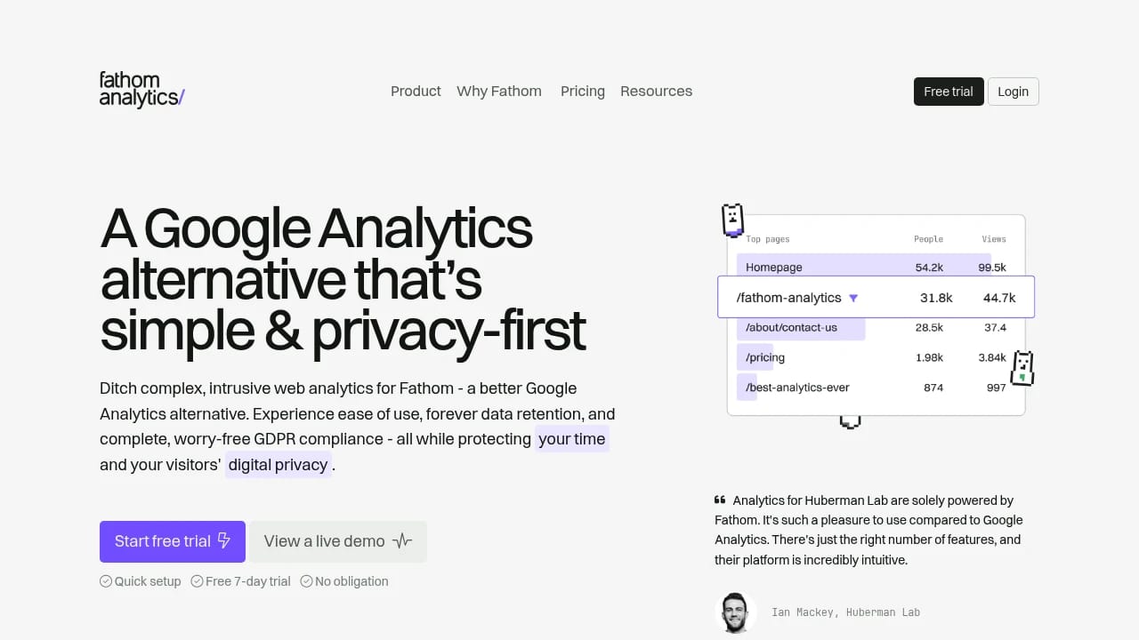 Screenshot of Fathom Analytics website