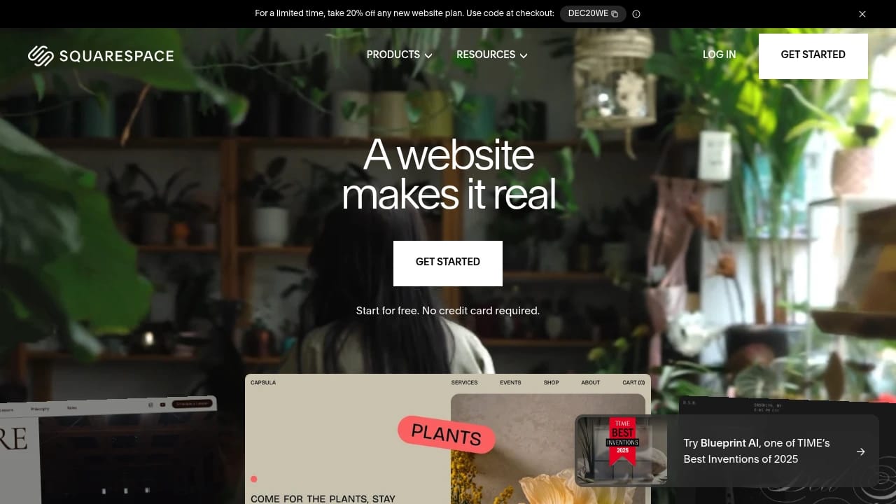 Screenshot of Squarespace website
