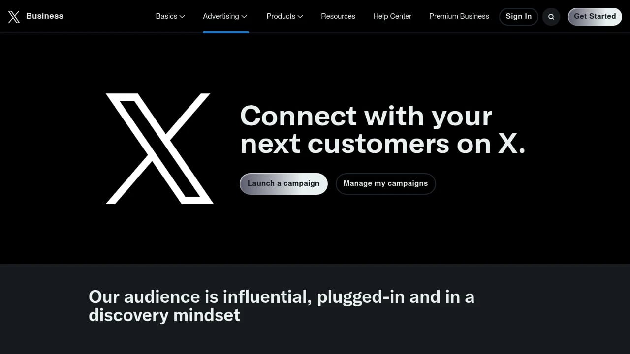Screenshot of X (Twitter) Ads website